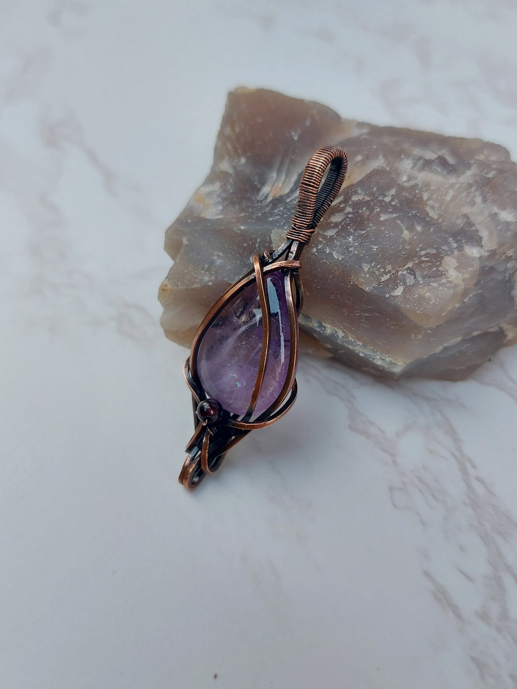 Amethyst Crossed Pendant with Garnet Bead