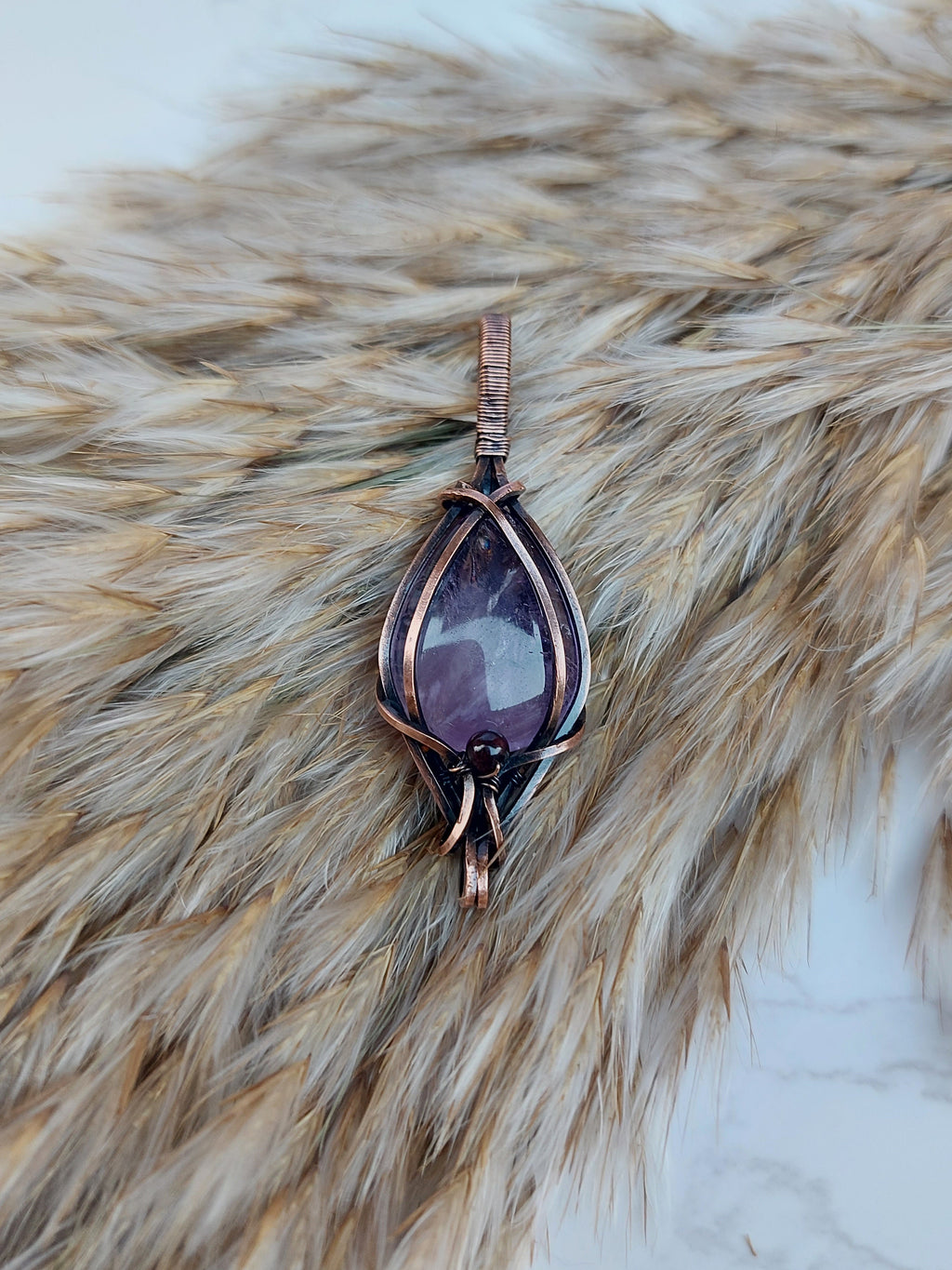Amethyst Crossed Pendant with Garnet Bead